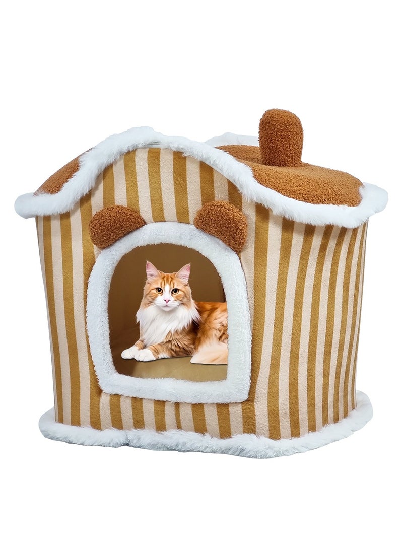 Pet bed house for medium and large cats, Comfortable cat house with Removable cushion and Anti-slip bottom, Detachable and machine washable cat house 60 cm (Brown)