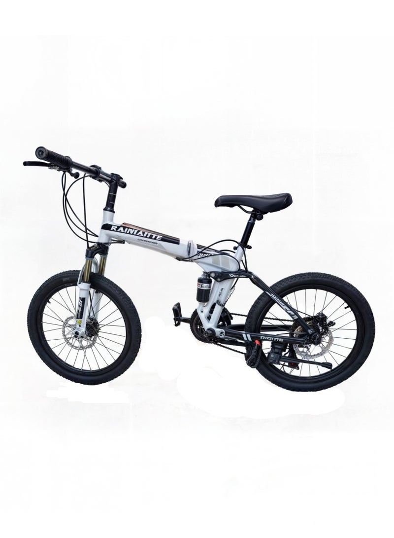 Shard Folding Bike 20 Inch, 21 Speed, Double Suspension, Spoke Wheel, Dual Dic Brake, White