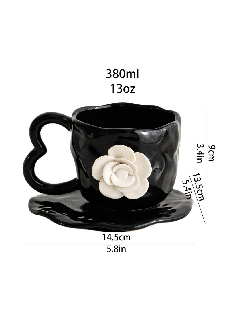 3D Camellia flower Ceramic Coffee Mug, 13oz Cute Coffee Cups, Tea cup with Saucer set, Camellia Coaster for Office and Home, Creative Daisy Cup Saucer for Latte, Tea, Milk, Black