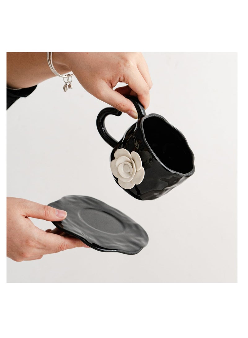 3D Camellia flower Ceramic Coffee Mug, 13oz Cute Coffee Cups, Tea cup with Saucer set, Camellia Coaster for Office and Home, Creative Daisy Cup Saucer for Latte, Tea, Milk, Black