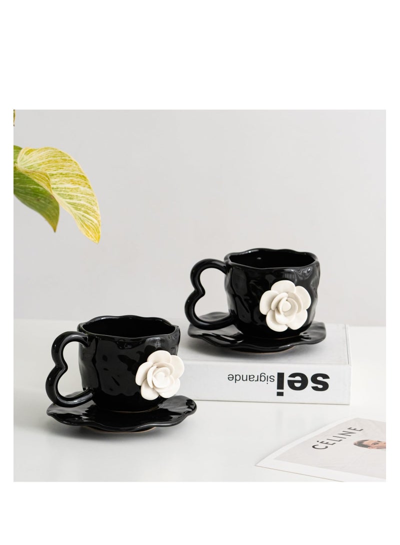 3D Camellia flower Ceramic Coffee Mug, 13oz Cute Coffee Cups, Tea cup with Saucer set, Camellia Coaster for Office and Home, Creative Daisy Cup Saucer for Latte, Tea, Milk, Black