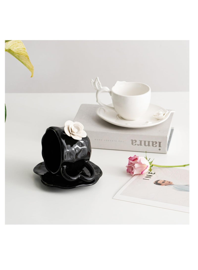 3D Camellia flower Ceramic Coffee Mug, 13oz Cute Coffee Cups, Tea cup with Saucer set, Camellia Coaster for Office and Home, Creative Daisy Cup Saucer for Latte, Tea, Milk, Black
