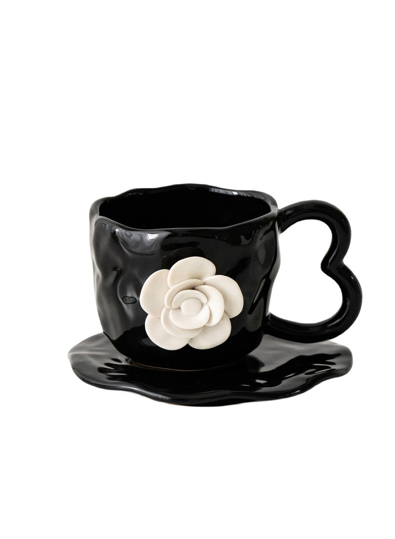 3D Camellia flower Ceramic Coffee Mug, 13oz Cute Coffee Cups, Tea cup with Saucer set, Camellia Coaster for Office and Home, Creative Daisy Cup Saucer for Latte, Tea, Milk, Black