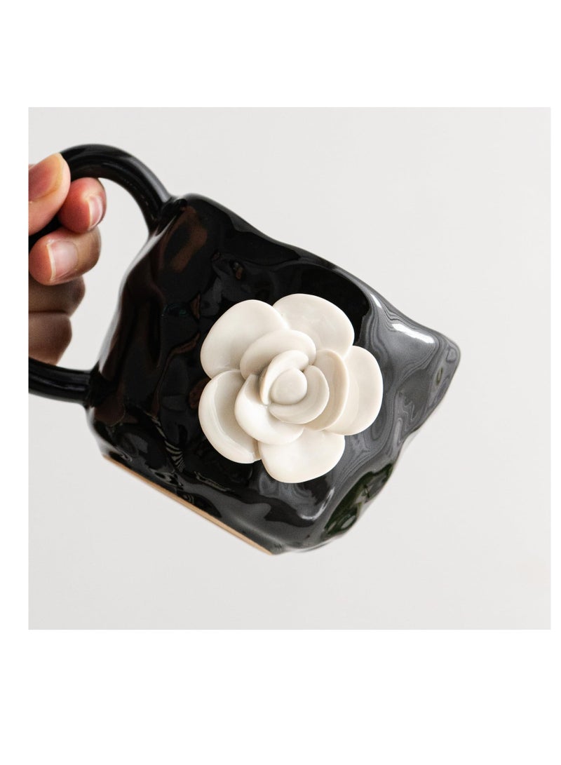 3D Camellia flower Ceramic Coffee Mug, 13oz Cute Coffee Cups, Tea cup with Saucer set, Camellia Coaster for Office and Home, Creative Daisy Cup Saucer for Latte, Tea, Milk, Black