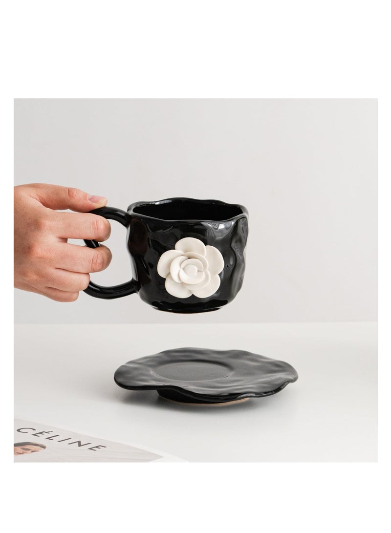3D Camellia flower Ceramic Coffee Mug, 13oz Cute Coffee Cups, Tea cup with Saucer set, Camellia Coaster for Office and Home, Creative Daisy Cup Saucer for Latte, Tea, Milk, Black