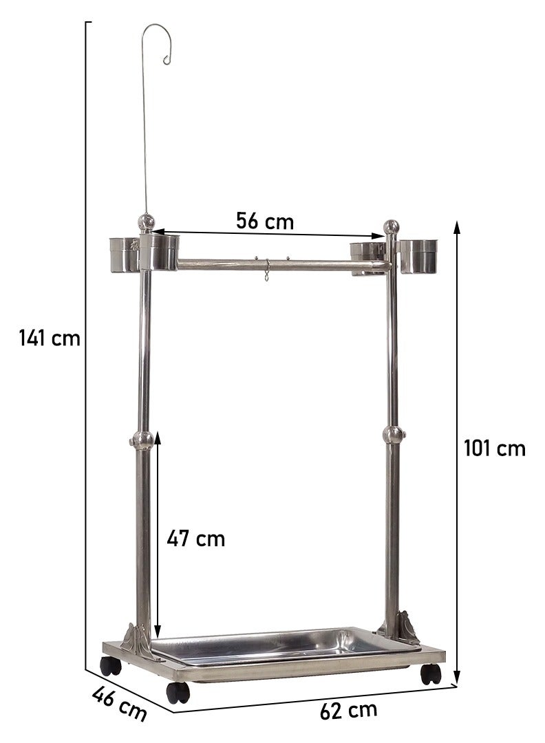 Bird stand, Adjustable stainless steel parrot stand Toy hook, Food bowls, Standing perch, Removable tray, and universal wheels, Bird play stand for indoor and outdoor 141 cm (Silver)