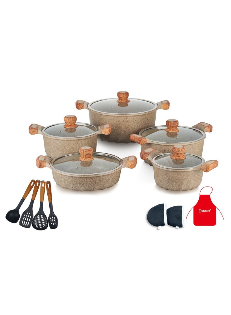 17-Piece Non Stick Granite Cookware Set 20/24/28/32Cm Casserole, 28Cm Shallow Casserole- PFOA Free - 2020 beige