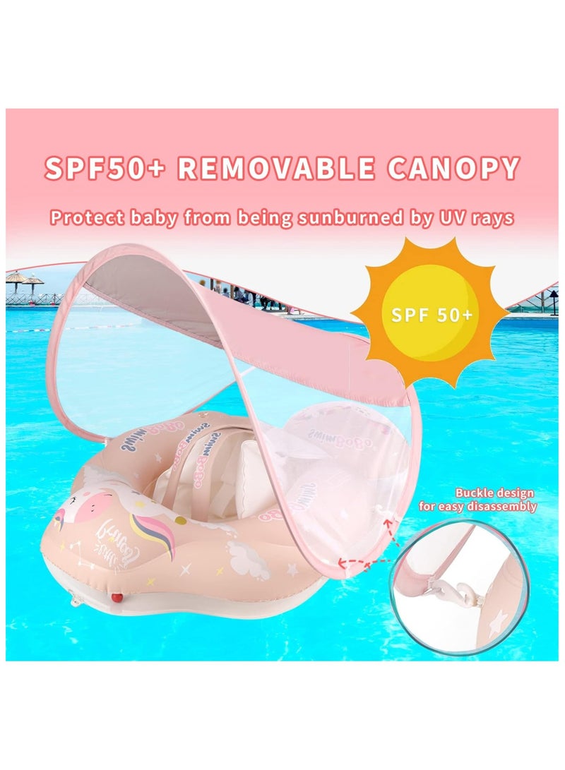 Baby Pool Float, Toddler Pool Float with Canopy UPF50+ Sun Protection, Inflatable Infant Float Tail Add Floating Ball Avoid Overturning, Equipped Portable Hand-Held Air Pump