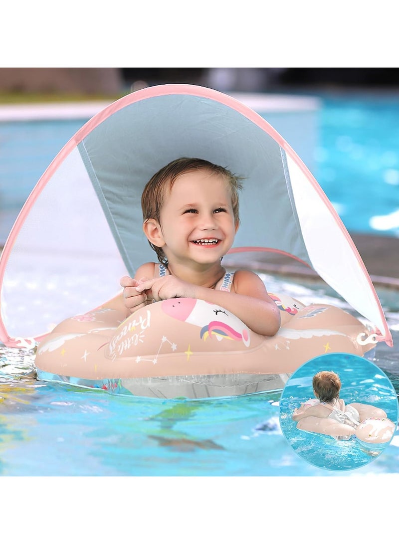 Baby Pool Float, Toddler Pool Float with Canopy UPF50+ Sun Protection, Inflatable Infant Float Tail Add Floating Ball Avoid Overturning, Equipped Portable Hand-Held Air Pump