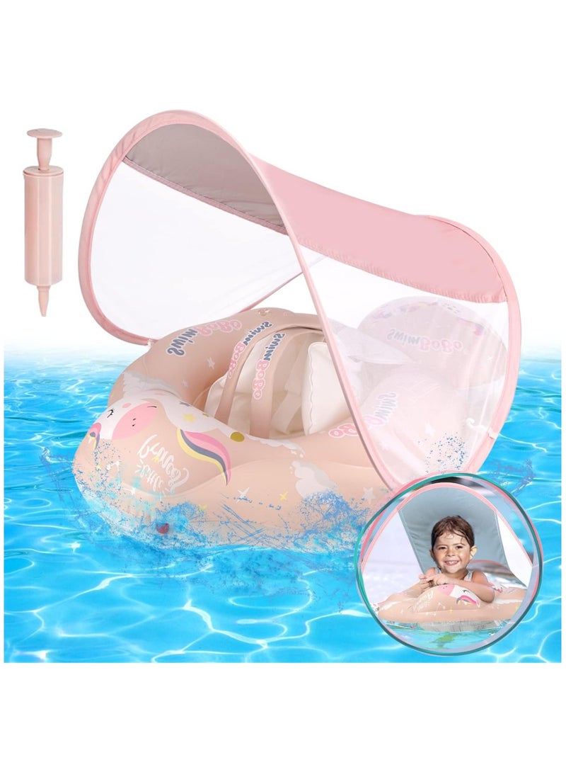 Baby Pool Float, Toddler Pool Float with Canopy UPF50+ Sun Protection, Inflatable Infant Float Tail Add Floating Ball Avoid Overturning, Equipped Portable Hand-Held Air Pump