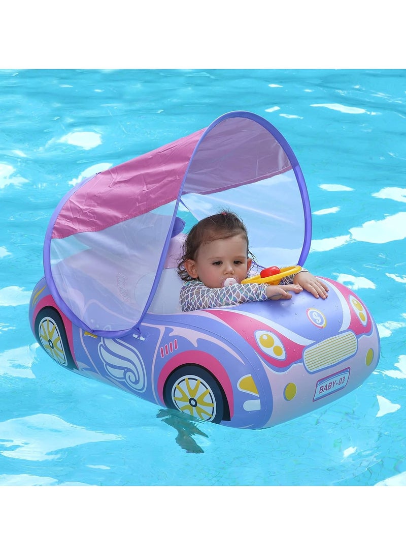 Baby Pool Float with 3D Car Design, Heavy Duty PVC Baby Swim Float, Toddler Pool Float, Swimming Floats Seat Boat with Steering Wheel for 6-36 Months,pink