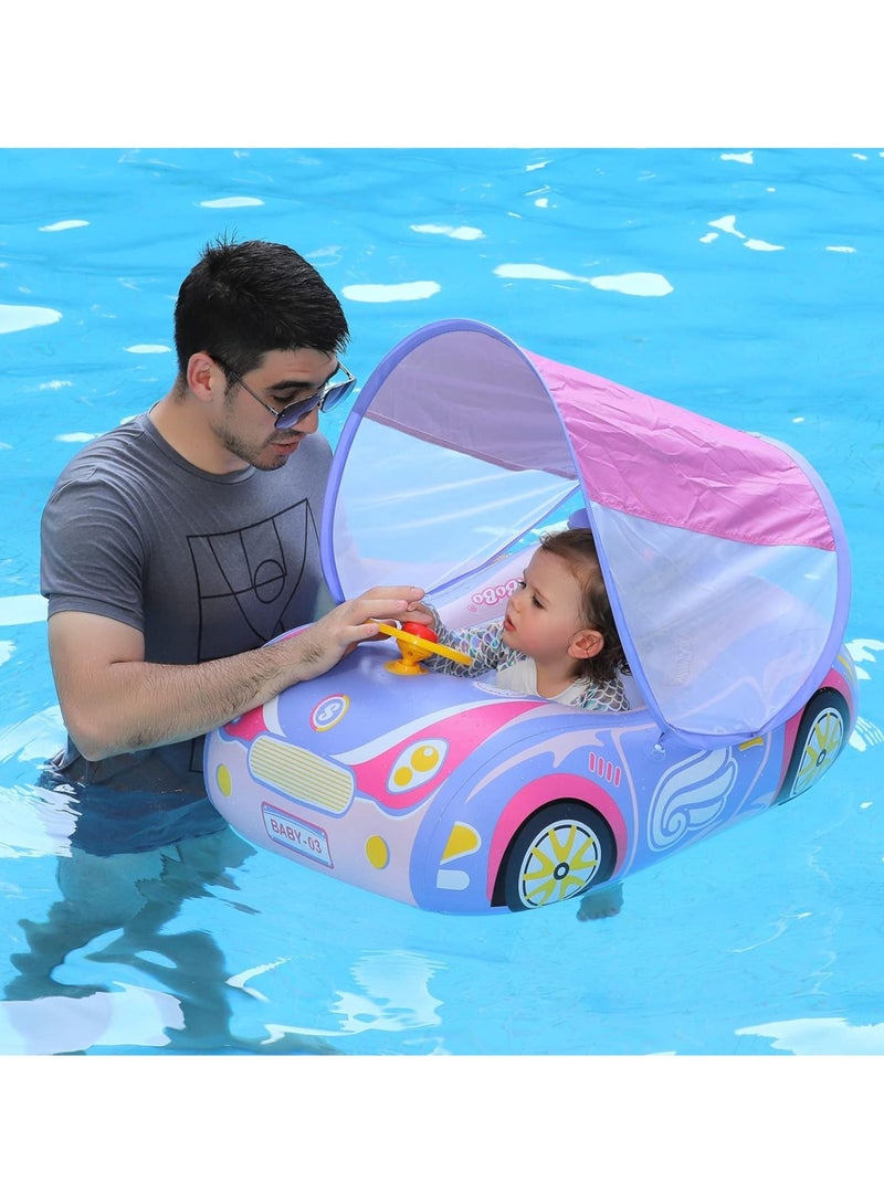 Baby Pool Float with 3D Car Design, Heavy Duty PVC Baby Swim Float, Toddler Pool Float, Swimming Floats Seat Boat with Steering Wheel for 6-36 Months,pink