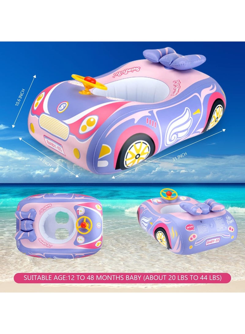 Baby Pool Float with 3D Car Design, Heavy Duty PVC Baby Swim Float, Toddler Pool Float, Swimming Floats Seat Boat with Steering Wheel for 6-36 Months,pink