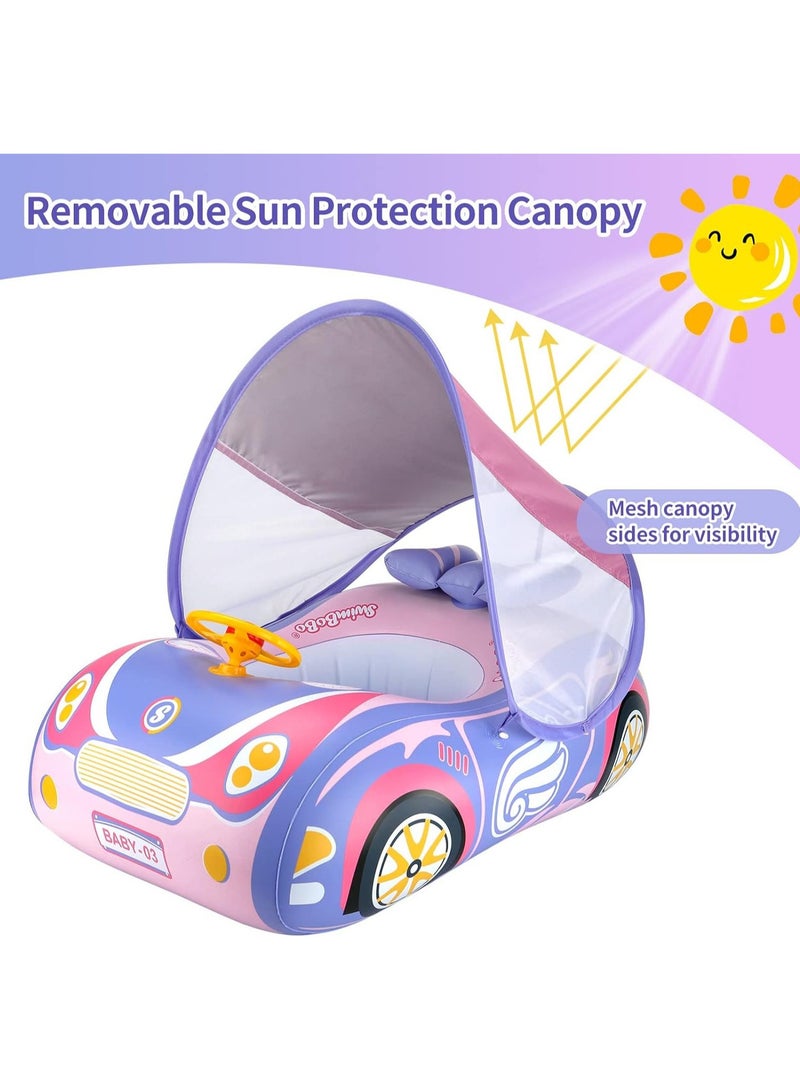 Baby Pool Float with 3D Car Design, Heavy Duty PVC Baby Swim Float, Toddler Pool Float, Swimming Floats Seat Boat with Steering Wheel for 6-36 Months,pink