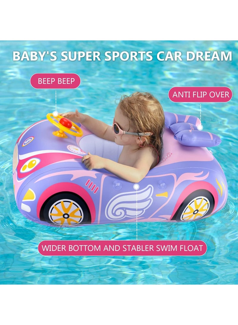Baby Pool Float with 3D Car Design, Heavy Duty PVC Baby Swim Float, Toddler Pool Float, Swimming Floats Seat Boat with Steering Wheel for 6-36 Months,pink