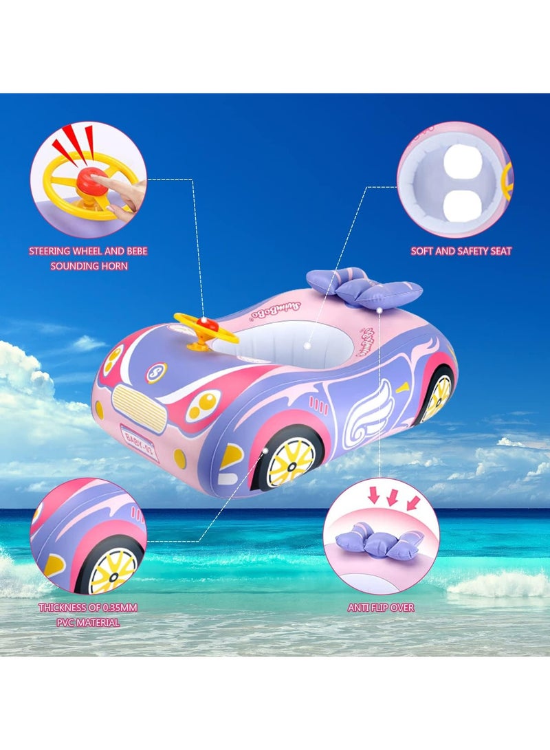 Baby Pool Float with 3D Car Design, Heavy Duty PVC Baby Swim Float, Toddler Pool Float, Swimming Floats Seat Boat with Steering Wheel for 6-36 Months,pink