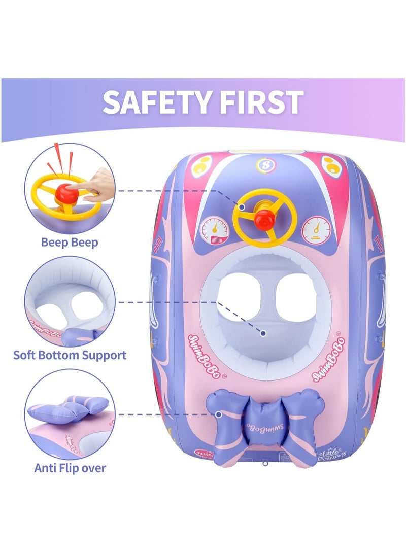 Baby Pool Float with 3D Car Design, Heavy Duty PVC Baby Swim Float, Toddler Pool Float, Swimming Floats Seat Boat with Steering Wheel for 6-36 Months,pink