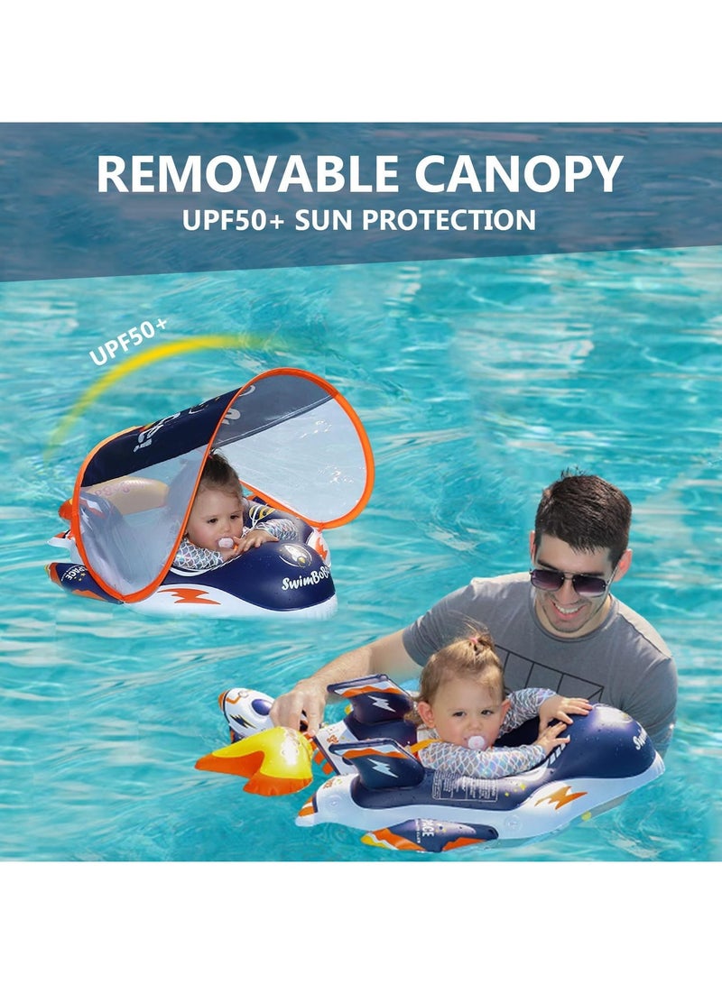 Baby Pool Float with Canopy 3D Rocket and Add Tail Design. Upgraded Thick PVC Infant Swim Floats with Harness, Sun Shade for Kids Toddlers Girls Boys Swimming Ages 6-36 Months