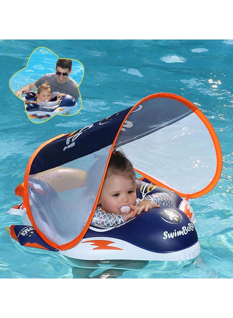 Baby Pool Float with Canopy 3D Rocket and Add Tail Design. Upgraded Thick PVC Infant Swim Floats with Harness, Sun Shade for Kids Toddlers Girls Boys Swimming Ages 6-36 Months
