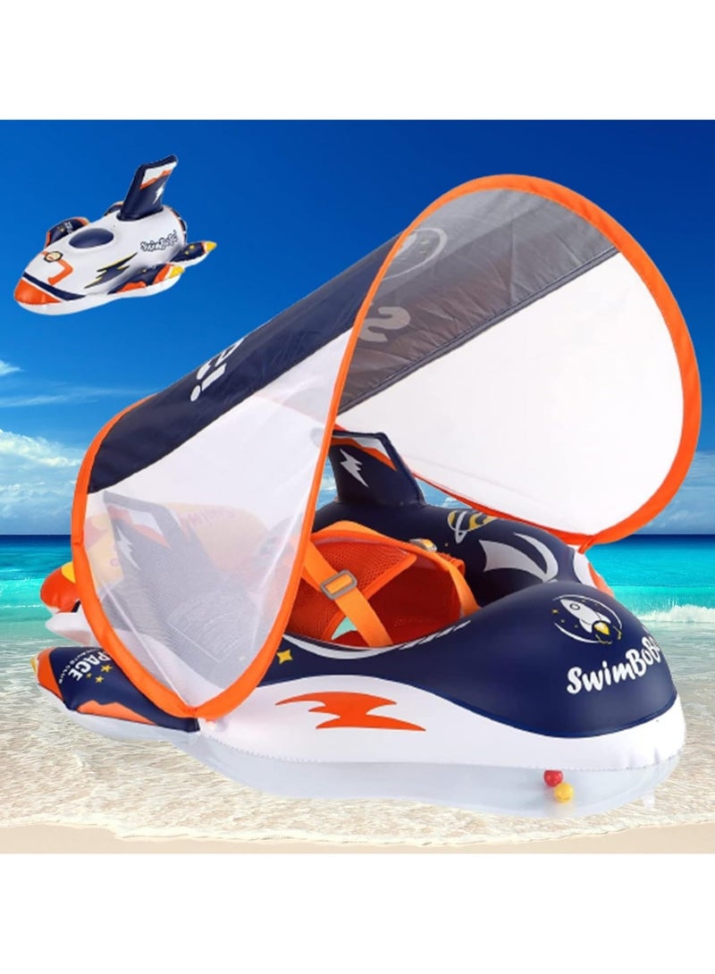 Baby Pool Float with Canopy 3D Rocket and Add Tail Design. Upgraded Thick PVC Infant Swim Floats with Harness, Sun Shade for Kids Toddlers Girls Boys Swimming Ages 6-36 Months