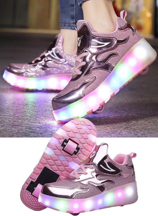 Kids Roller Skates Shoes with Lights Kids Skates Sneakers LED Light Up Rechargeable Wheels Shoes with Lights Outdoor Slip On Roller Skates Shoes Sneakers for Beginners Gift (D)