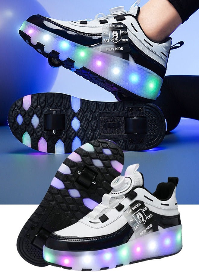 Kids Roller Skates Shoes with Lights Kids Skates Sneakers LED Light Up Rechargeable Wheels Shoes with Lights Outdoor Slip On Roller Skates Shoes Sneakers for Beginners Gift (E)