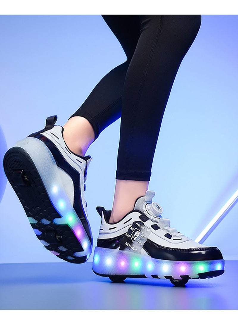 Kids Roller Skates Shoes with Lights Kids Skates Sneakers LED Light Up Rechargeable Wheels Shoes with Lights Outdoor Slip On Roller Skates Shoes Sneakers for Beginners Gift (E)