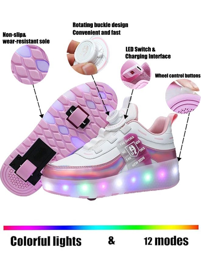 Kids Roller Skates Shoes with Lights Kids Skates Sneakers LED Light Up Rechargeable Wheels Shoes with Lights Outdoor Slip On Roller Skates Shoes Sneakers for Beginners Gift (E)