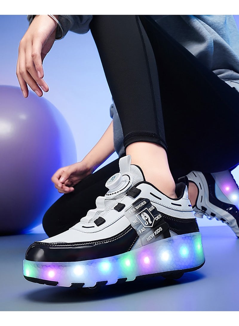 Kids Roller Skates Shoes with Lights Kids Skates Sneakers LED Light Up Rechargeable Wheels Shoes with Lights Outdoor Slip On Roller Skates Shoes Sneakers for Beginners Gift (E)