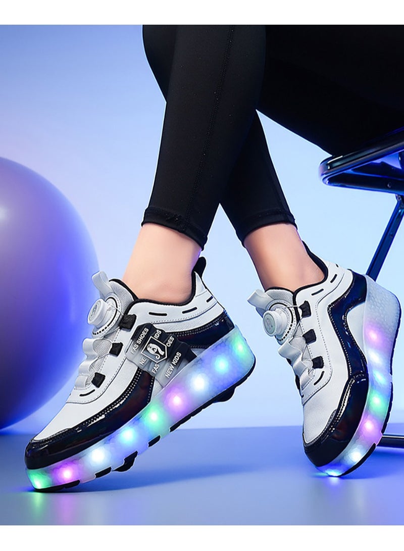 Kids Roller Skates Shoes with Lights Kids Skates Sneakers LED Light Up Rechargeable Wheels Shoes with Lights Outdoor Slip On Roller Skates Shoes Sneakers for Beginners Gift (E)