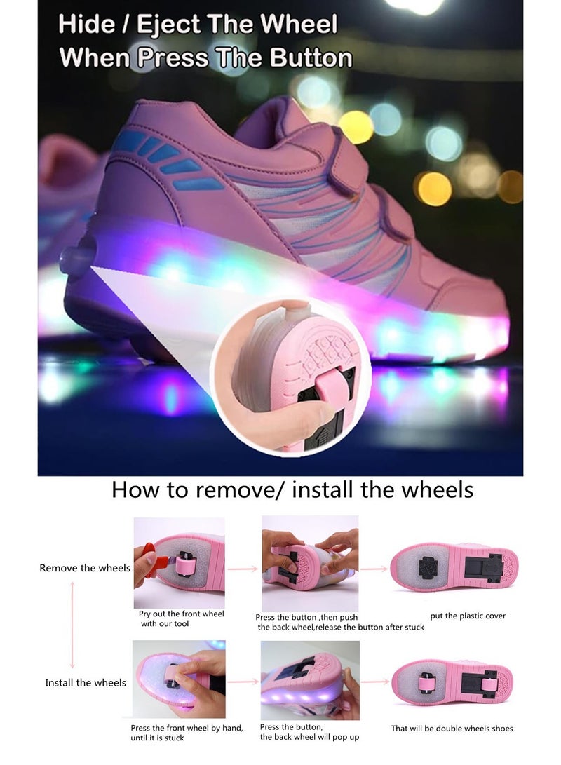 Kids Roller Skates Shoes with Lights Kids Skates Sneakers LED Light Up Rechargeable Wheels Shoes with Lights Outdoor Slip On Roller Skates Shoes Sneakers for Beginners Gift (E)