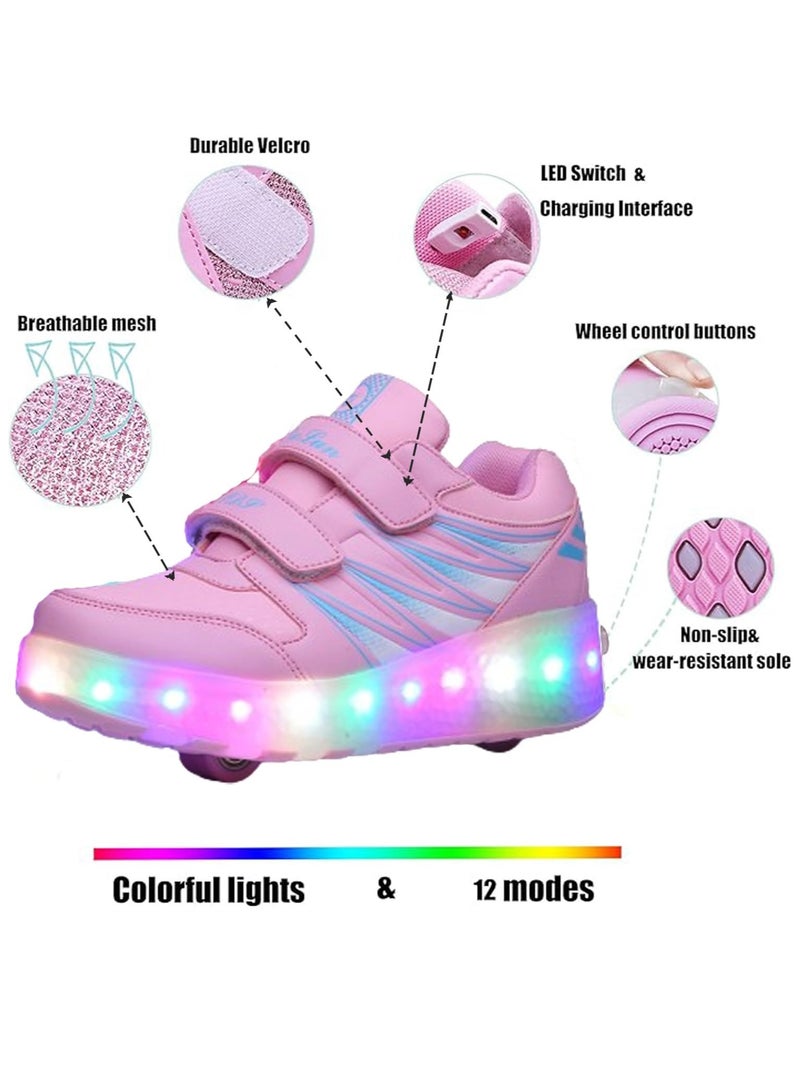 Kids Roller Skates Shoes with Lights Kids Skates Sneakers LED Light Up Rechargeable Wheels Shoes with Lights Outdoor Slip On Roller Skates Shoes Sneakers for Beginners Gift (B)