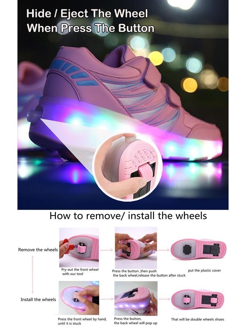 Kids Roller Skates Shoes with Lights Kids Skates Sneakers LED Light Up Rechargeable Wheels Shoes with Lights Outdoor Slip On Roller Skates Shoes Sneakers for Beginners Gift (B)