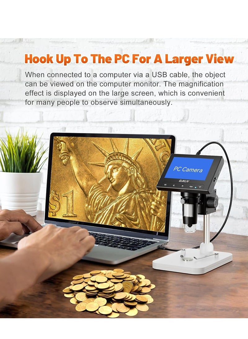 Elikliv Microscope, LCD Digital Coin Microscope 1000x, Coin Magnifier with 8 Adjustable LED Lights, PC View Compatible with Windows/MacBook, EDM4, 4.3-Inch