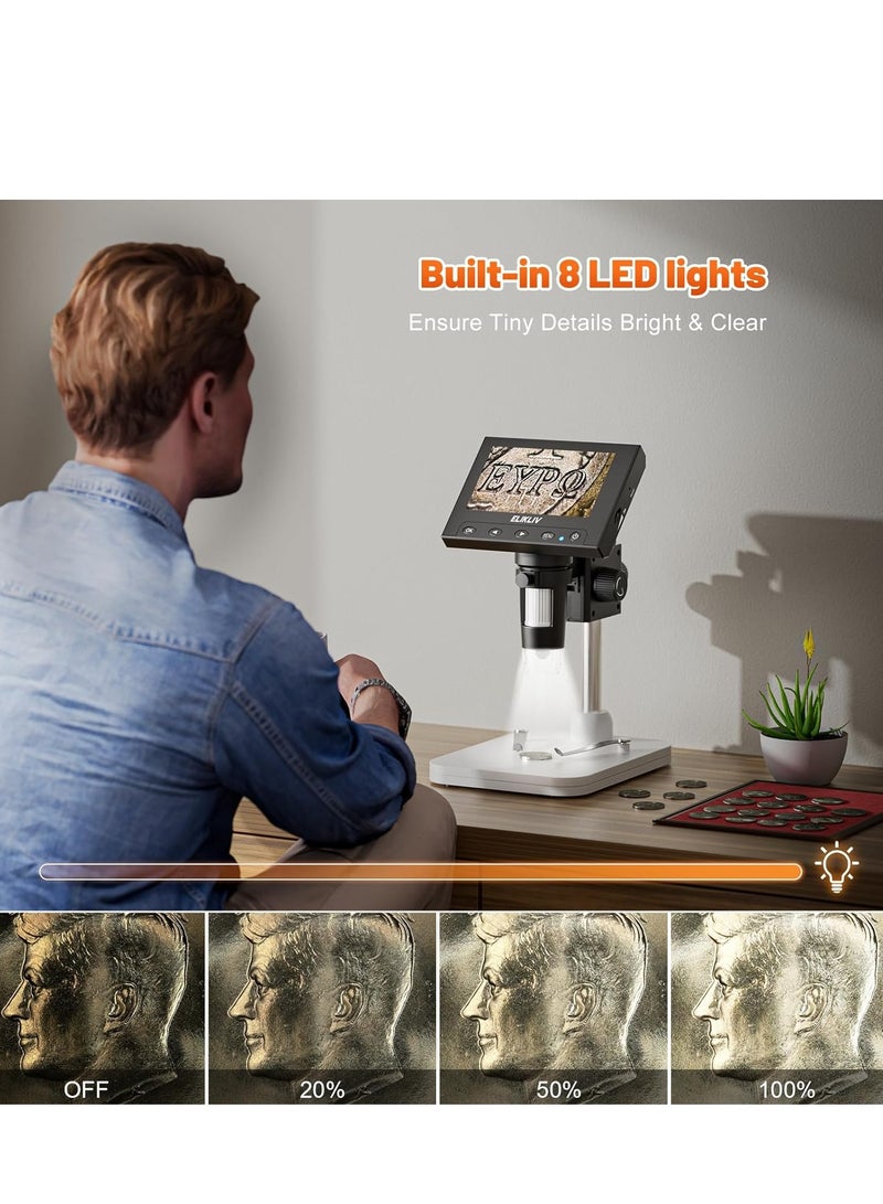 Elikliv Microscope, LCD Digital Coin Microscope 1000x, Coin Magnifier with 8 Adjustable LED Lights, PC View Compatible with Windows/MacBook, EDM4, 4.3-Inch
