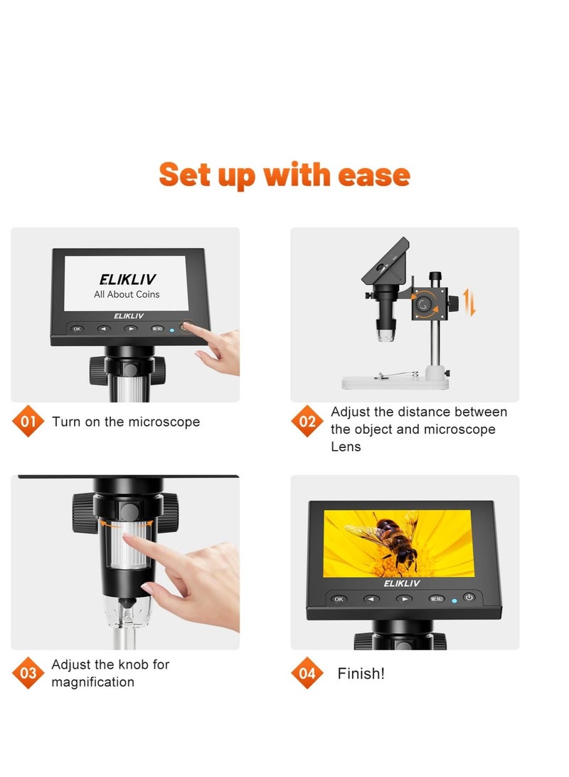 Elikliv Microscope, LCD Digital Coin Microscope 1000x, Coin Magnifier with 8 Adjustable LED Lights, PC View Compatible with Windows/MacBook, EDM4, 4.3-Inch