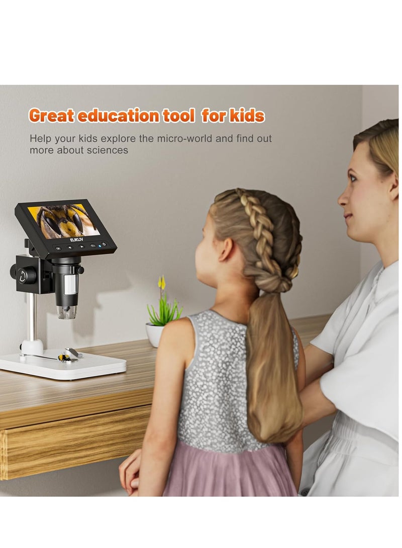 Elikliv Microscope, LCD Digital Coin Microscope 1000x, Coin Magnifier with 8 Adjustable LED Lights, PC View Compatible with Windows/MacBook, EDM4, 4.3-Inch