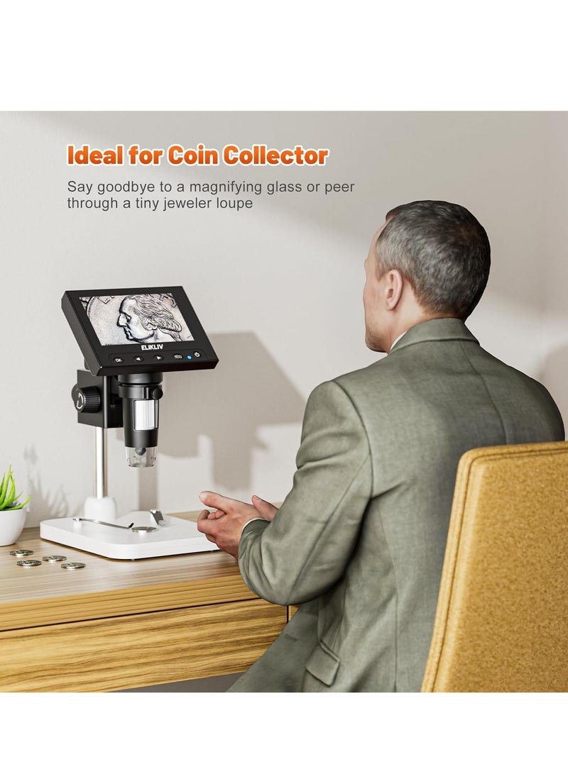 Elikliv Microscope, LCD Digital Coin Microscope 1000x, Coin Magnifier with 8 Adjustable LED Lights, PC View Compatible with Windows/MacBook, EDM4, 4.3-Inch
