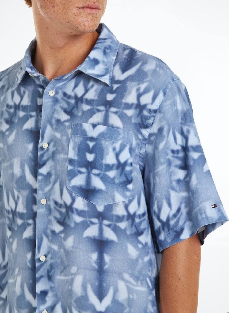 Men's Palm Print Tie-Dye Linen Relaxed Short Sleeve Shirt -  Pure linen, Blue/ Multicolor