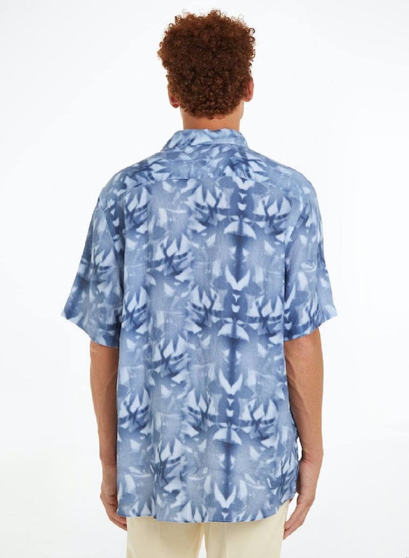 Men's Palm Print Tie-Dye Linen Relaxed Short Sleeve Shirt -  Pure linen, Blue/ Multicolor