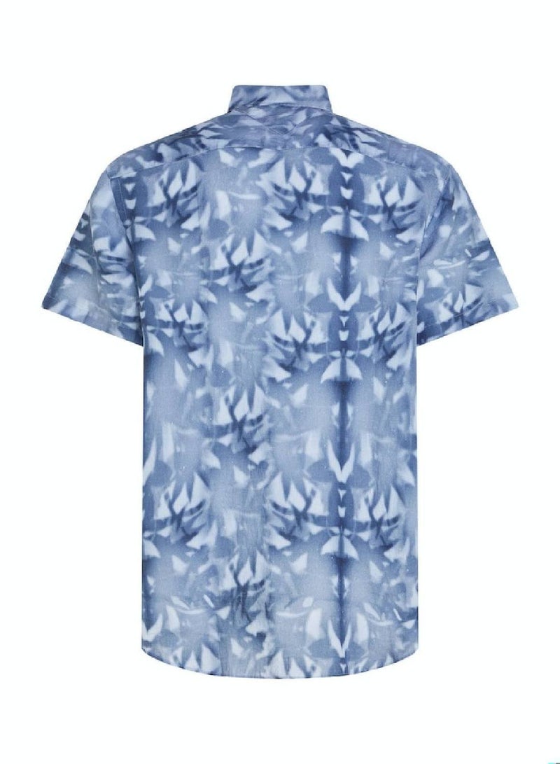 Men's Palm Print Tie-Dye Linen Relaxed Short Sleeve Shirt -  Pure linen, Blue/ Multicolor