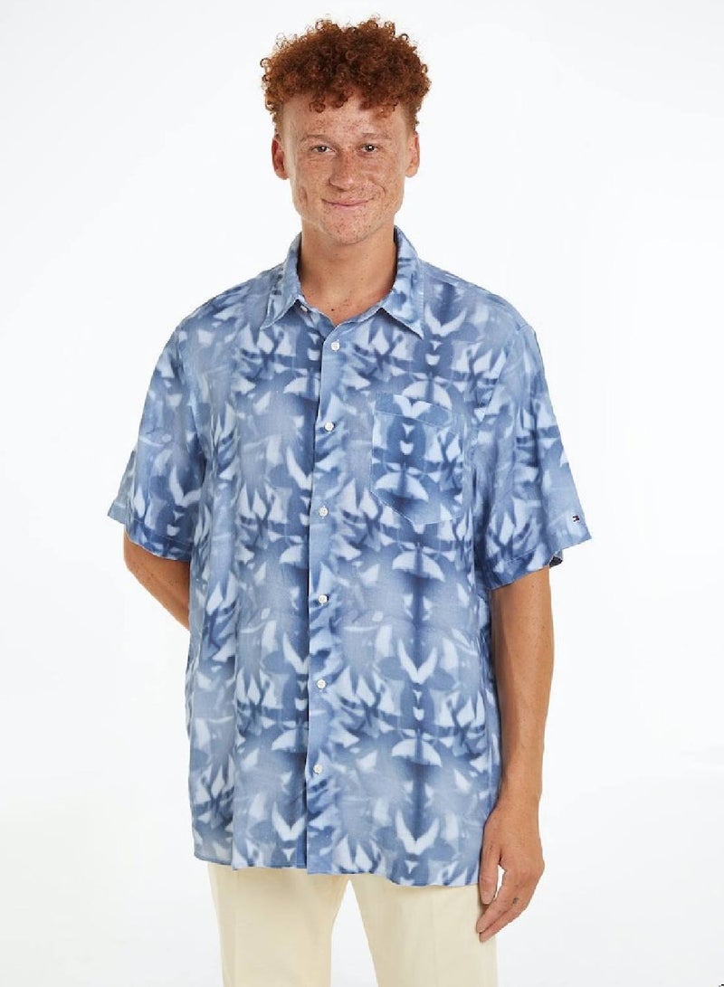 Men's Palm Print Tie-Dye Linen Relaxed Short Sleeve Shirt -  Pure linen, Blue/ Multicolor