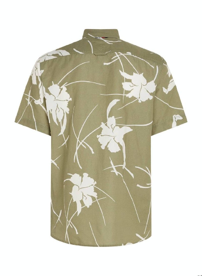 Men's Tropical Print Short Sleeve Poplin Shirt -  Pure cotton poplin, Green/ White