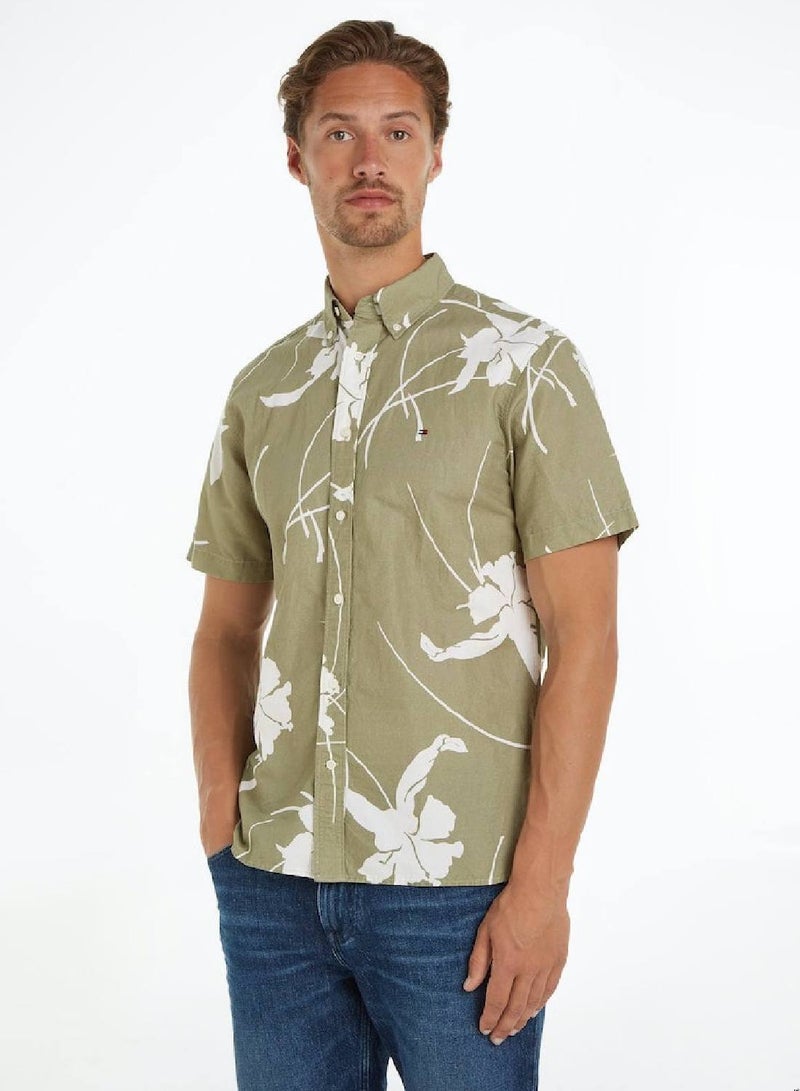 Men's Tropical Print Short Sleeve Poplin Shirt -  Pure cotton poplin, Green/ White