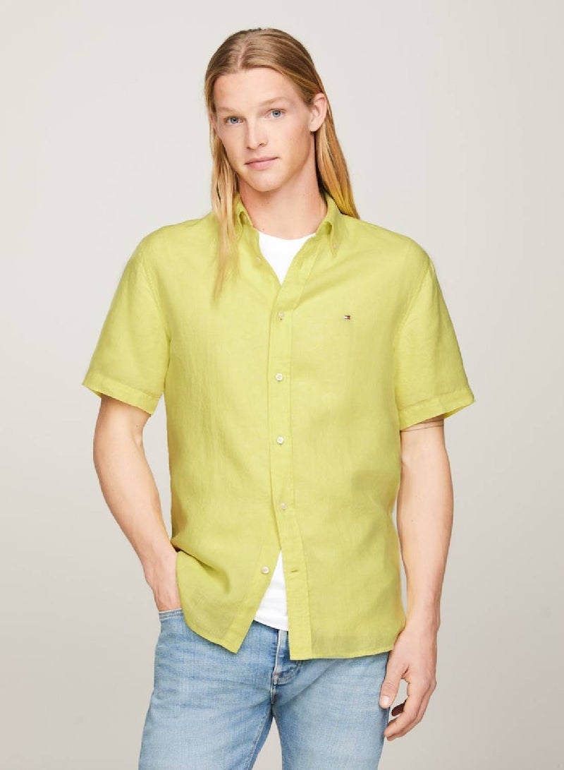 Men's Short Sleeve Regular Fit Linen Shirt -  Pure linen, Yellow