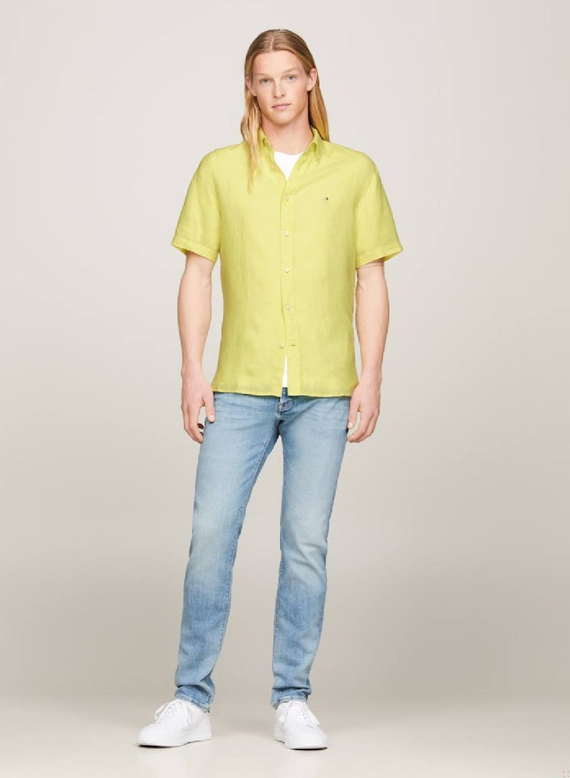 Men's Short Sleeve Regular Fit Linen Shirt -  Pure linen, Yellow