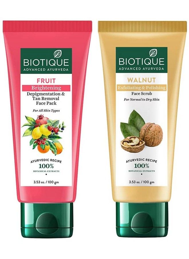 Bio Walnut Purifying And Polishing Scrub For Normal To Dry Skin 100G & Fruit Brightening Depigmentation & Tan Removal Face Pack 100Ml (Pack Of 2)