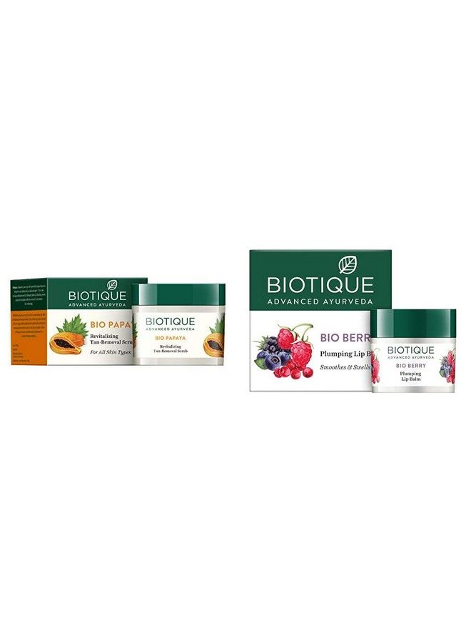 Bio Papaya Revitalizing Tan Removal Scrub 75G And Bio Berry Plumping Lip Balm Smoothes & Swells Lips 12G (Pack Of 2)