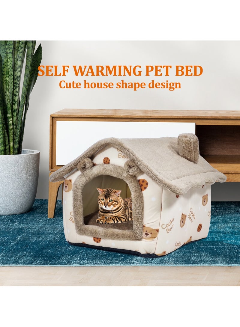 Cat house bed for small and medium-sized pets, Comfortable cat shelter with Removable cushion, Zipper, and Anti-slip bottom, Suitable for indoor cats 45 cm (Brown)