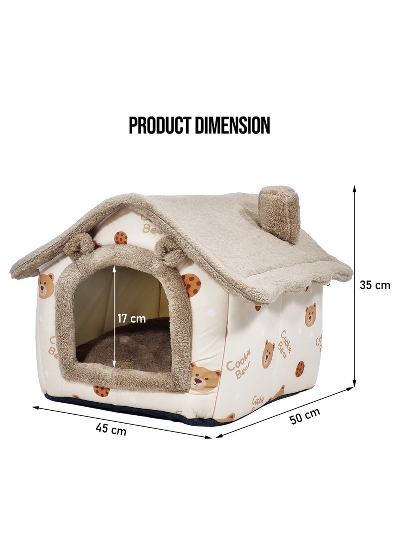 Cat house bed for small and medium-sized pets, Comfortable cat shelter with Removable cushion, Zipper, and Anti-slip bottom, Suitable for indoor cats 45 cm (Brown)